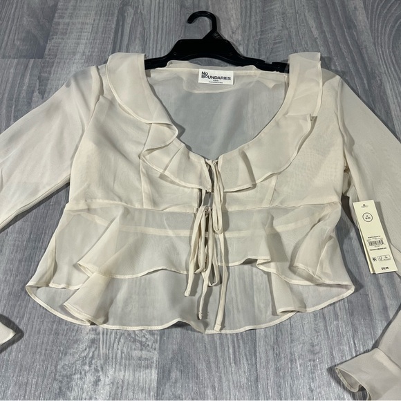 No Boundaries Ivory Ruffle Tie-Front Crop Top  Blouse; Medium, NEW - Picture 2 of 12